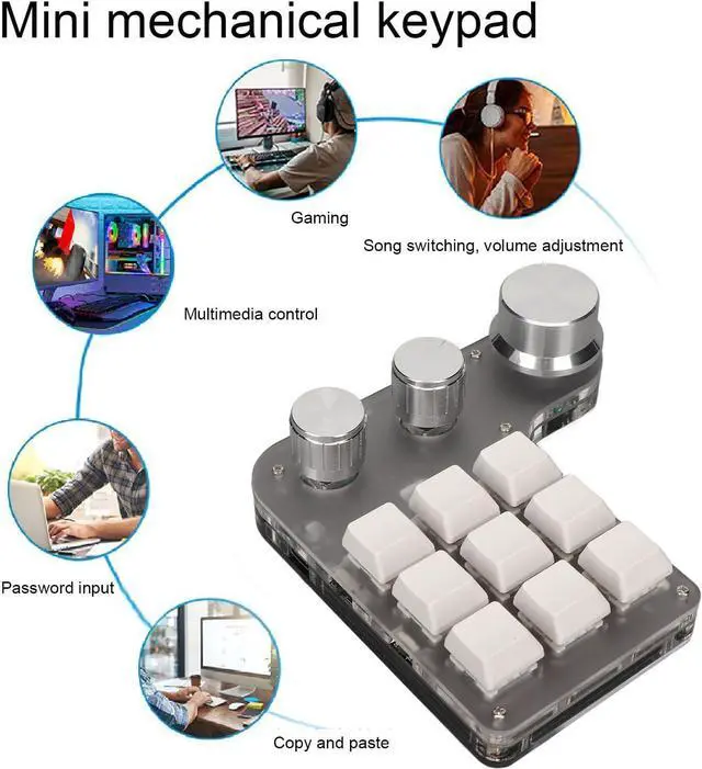 Alt view image 4 of 7 - Programming Macro Keypad, 9 Keys Mechanical Gaming Keyboard with 3 Knobs, RGB Backlit One Handed Macro Custom Keypad for Computer Gaming Software (White)
