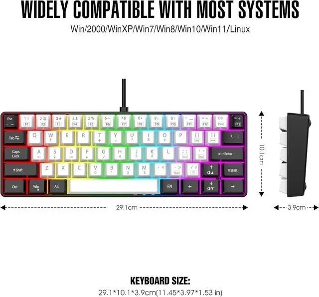 Alt view image 2 of 7 - CTBTBESE 60% Wired Gaming Keyboard, RGB Backlit Mini Keyboard, Waterproof Small Ultra-Compact 61 Keys Keyboard for PC/Mac Gamer, Typist, Travel, Easy to Carry on Business Trip(Black-White)