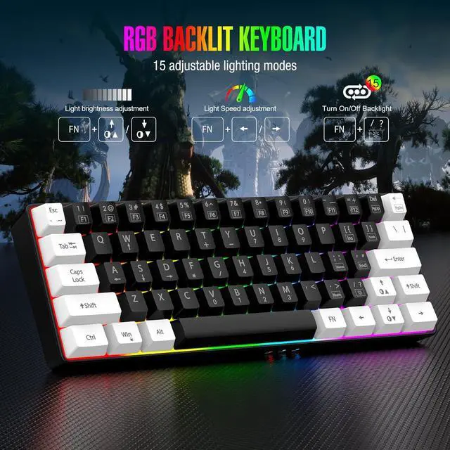 Alt view image 7 of 7 - CTBTBESE 60% Wired Gaming Keyboard, RGB Backlit Mini Keyboard, Waterproof Small Ultra-Compact 61 Keys Keyboard for PC/Mac Gamer, Typist, Travel, Easy to Carry on Business Trip(Black-White)