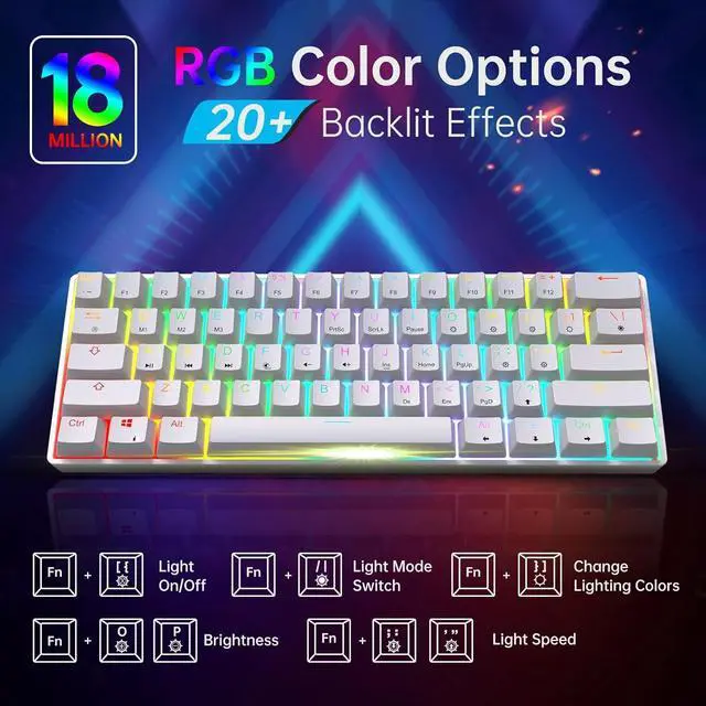 Alt view image 3 of 7 - targeal 60% Mechanical Gaming Keyboard - 61 Keys Blue Switch Quiet Office Computer Keyboard - Multi Color RGB Rainbow Led Backlit - Programmable for PC/Windows/Mac/Gamer - USB Wired - White