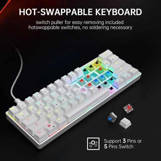 Alt view image 5 of 7 - targeal 60% Mechanical Gaming Keyboard - 61 Keys Blue Switch Quiet Office Computer Keyboard - Multi Color RGB Rainbow Led Backlit - Programmable for PC/Windows/Mac/Gamer - USB Wired - White