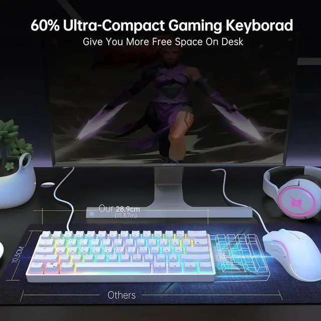 Alt view image 6 of 7 - targeal 60% Mechanical Gaming Keyboard - 61 Keys Blue Switch Quiet Office Computer Keyboard - Multi Color RGB Rainbow Led Backlit - Programmable for PC/Windows/Mac/Gamer - USB Wired - White