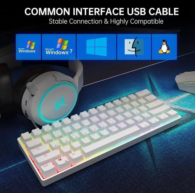 Alt view image 4 of 7 - targeal 60% Mechanical Gaming Keyboard - 61 Keys Blue Switch Quiet Office Computer Keyboard - Multi Color RGB Rainbow Led Backlit - Programmable for PC/Windows/Mac/Gamer - USB Wired - White