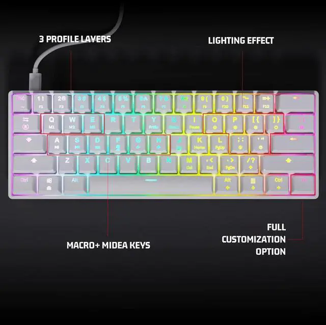 Alt view image 7 of 7 - targeal 60% Mechanical Gaming Keyboard - 61 Keys Blue Switch Quiet Office Computer Keyboard - Multi Color RGB Rainbow Led Backlit - Programmable for PC/Windows/Mac/Gamer - USB Wired - White