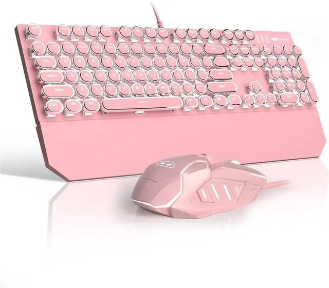 Main image of Retro Pink Typewriter-Style Keyboard and Mouse Combo, Cute Light Up Wired Mechanical Keyboard with Linear Red Switches, Full Size for Gaming, Work, Mac, PC, Windows