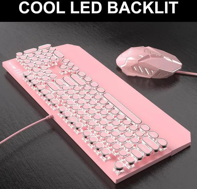 Alt view image 3 of 7 - Retro Pink Typewriter-Style Keyboard and Mouse Combo, Cute Light Up Wired Mechanical Keyboard with Linear Red Switches, Full Size for Gaming, Work, Mac, PC, Windows