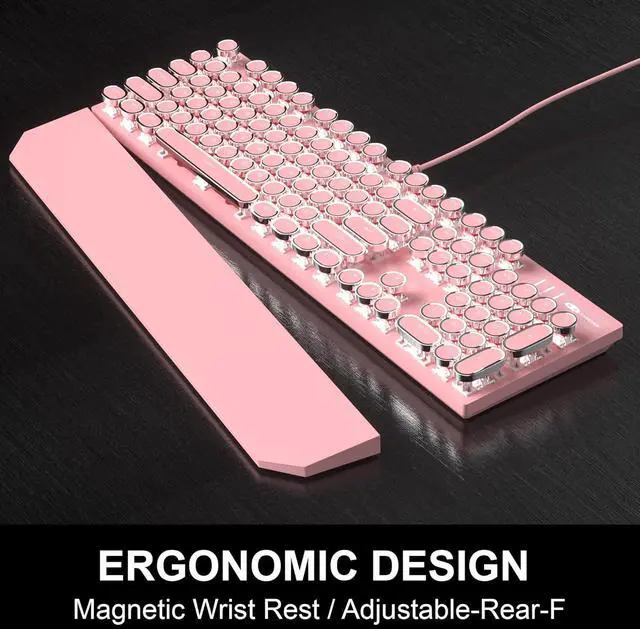 Alt view image 5 of 7 - Retro Pink Typewriter-Style Keyboard and Mouse Combo, Cute Light Up Wired Mechanical Keyboard with Linear Red Switches, Full Size for Gaming, Work, Mac, PC, Windows