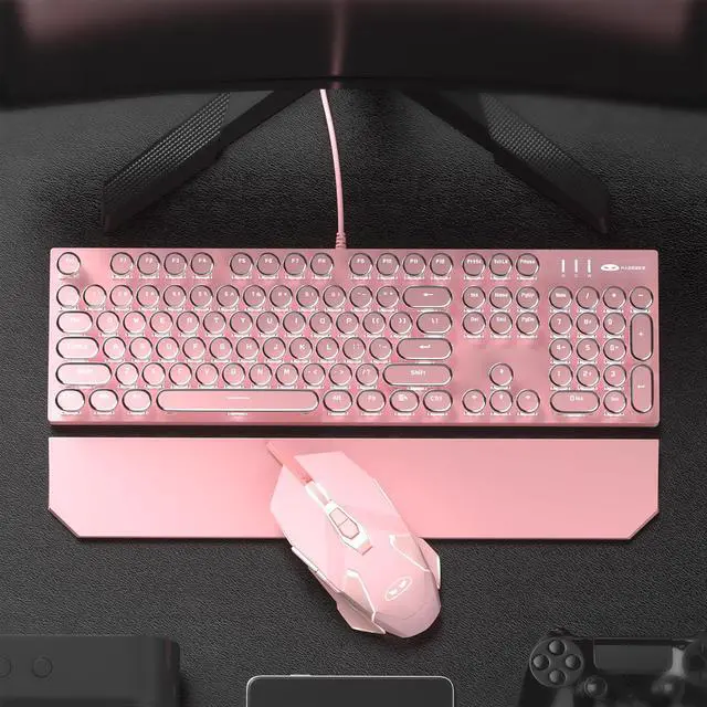 Alt view image 6 of 7 - Retro Pink Typewriter-Style Keyboard and Mouse Combo, Cute Light Up Wired Mechanical Keyboard with Linear Red Switches, Full Size for Gaming, Work, Mac, PC, Windows