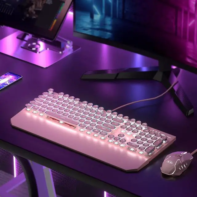 Alt view image 7 of 7 - Retro Pink Typewriter-Style Keyboard and Mouse Combo, Cute Light Up Wired Mechanical Keyboard with Linear Red Switches, Full Size for Gaming, Work, Mac, PC, Windows