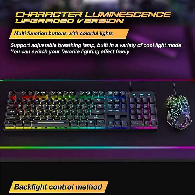 Alt view image 4 of 7 - NCRD RGB Gaming Keyboard and Backlit Mouse Combo, USB Wired Backlit Keyboard, LED Gaming Keyboard Mouse Set
