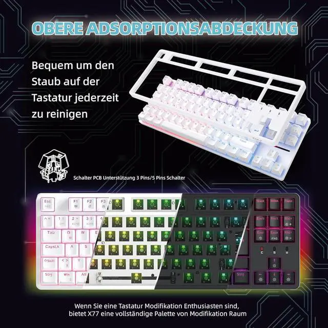 Alt view image 3 of 6 - CIY X77 Hot-Swappable Mechanical Keyboard/RGB Gaming Keyboard/USB C/Anti Ghosting/N-Key Rollover/Compact Layout 87 Key/Magnetic Upper Cover/for Mac Windows (White and Brown Switch)