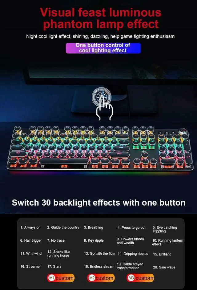 Alt view image 4 of 6 - LED Backlit Retro Typewriter Mechanical Keyboard, Round Keycaps 104 Keys Vintage Inspired USB Punk Gaming Keyboard Mechanical RGB Backlit Gaming Keyboard for PC/Mac/Gamer