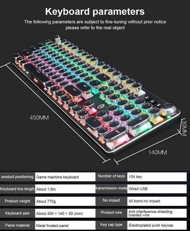 Alt view image 5 of 6 - LED Backlit Retro Typewriter Mechanical Keyboard, Round Keycaps 104 Keys Vintage Inspired USB Punk Gaming Keyboard Mechanical RGB Backlit Gaming Keyboard for PC/Mac/Gamer