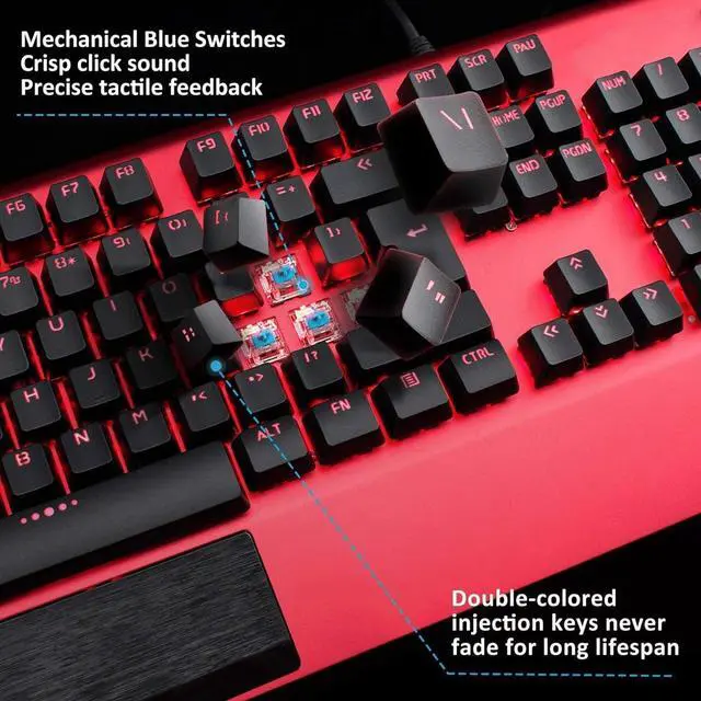 Alt view image 3 of 7 - Gaming Keyboard and Mouse Combo with Headset, 104 Keys Blue Switch 100% Anti-ghosting, 3200 DPI Optical Mouse, Lighted Headset with Microphone, All-in-One Gaming Set for Windows PC (Red)