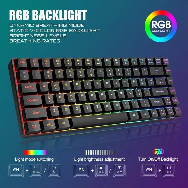 Alt view image 3 of 6 - RedThunder K84 Wireless Keyboard and Mouse Combo, Rainbow Backlit Rechargeable Battery, 75% Layout TKL Ultra Compact Gaming Keyboard & Lightweight 3200 DPI Honeycomb Optical Mouse (Black)