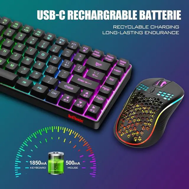 Alt view image 5 of 6 - RedThunder K84 Wireless Keyboard and Mouse Combo, Rainbow Backlit Rechargeable Battery, 75% Layout TKL Ultra Compact Gaming Keyboard & Lightweight 3200 DPI Honeycomb Optical Mouse (Black)