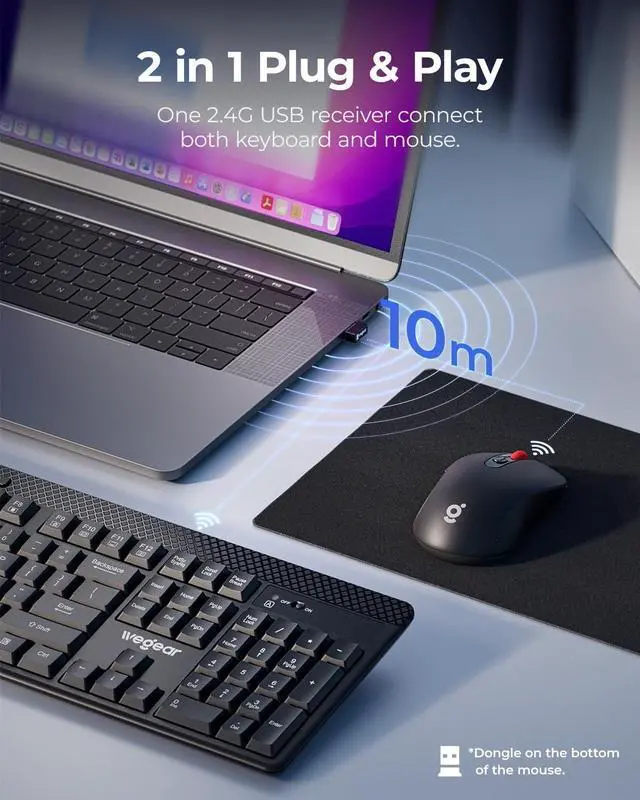 Alt view image 2 of 7 - Wireless Keyboard and Mouse Combo with Silent Touch, 104-Key Full Size with 8 Additional Shortcuts, 2.4GHz Quiet Soft Click Typewriter Keyboard for PC, Desktop, Laptop, MacBook- Black