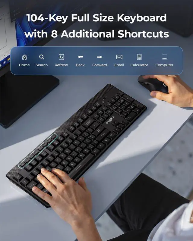 Alt view image 4 of 7 - Wireless Keyboard and Mouse Combo with Silent Touch, 104-Key Full Size with 8 Additional Shortcuts, 2.4GHz Quiet Soft Click Typewriter Keyboard for PC, Desktop, Laptop, MacBook- Black