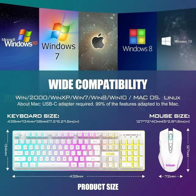 Alt view image 7 of 7 - RedThunder K10 Wireless Gaming Keyboard and Mouse Combo, RGB Backlit Rechargeable 3800mAh Battery, Mechanical Feel Anti-ghosting Keyboard with Pudding Keycaps + 7D 3200DPI Mice for PC Gamer (White)