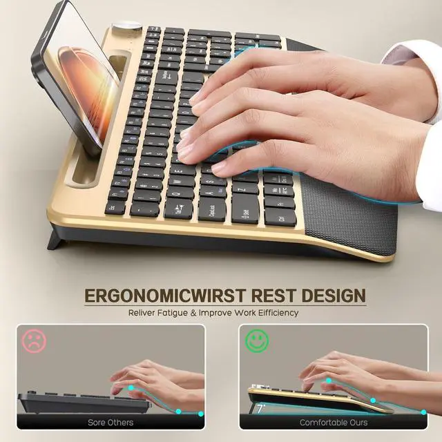 Alt view image 2 of 6 - JOYACCESS Ergonomic Wireless Keyboard with Wrist Rest, Phone/Tablet Holder,Windows & Mac OS, 2.4 GHz Wireless, Full-Size,Quiet Keyboard Compatible for Laptop,PC, Mac, Windows -Black Glod