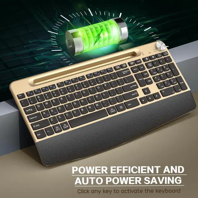 Alt view image 5 of 6 - JOYACCESS Ergonomic Wireless Keyboard with Wrist Rest, Phone/Tablet Holder,Windows & Mac OS, 2.4 GHz Wireless, Full-Size,Quiet Keyboard Compatible for Laptop,PC, Mac, Windows -Black Glod