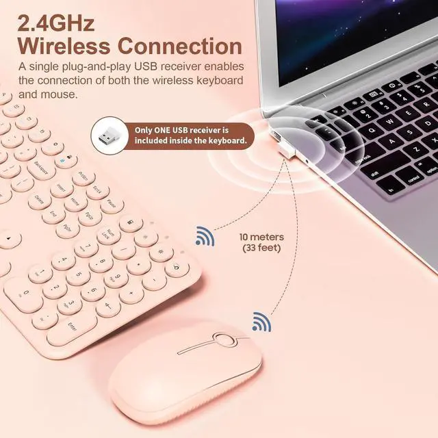 Alt view image 2 of 7 - Cute Keyboard and Mouse Wireless for PC Computer/Laptop/Windows/Mac/Tablets, Ultra-Thin 2.4GHz USB Cordless Full-Sized Silent Retro Computer Keyboard Mouse Combo (Pink)