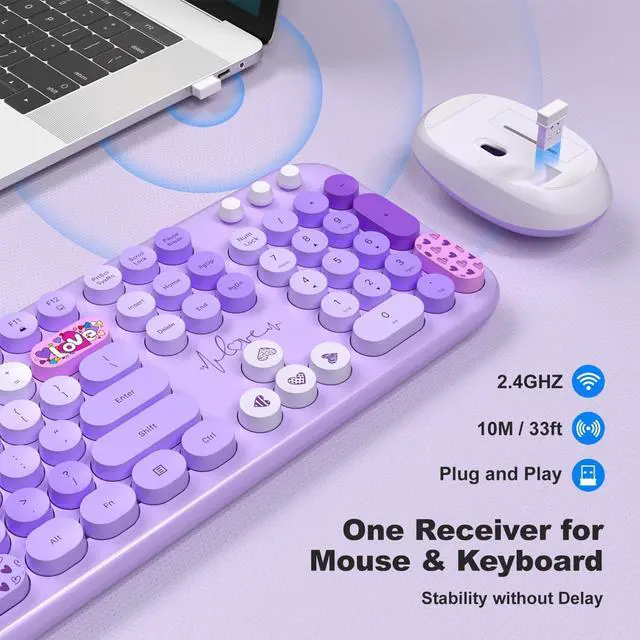 Alt view image 2 of 7 - Wireless Keyboard and Mouse, SQMD Colorful Typewriter Retro Keyboard with Round Keycaps, 2.4GHz USB Full-Size Keyboard and Mouse Set for Mac PC Desktop Laptop (Purple Colorful)