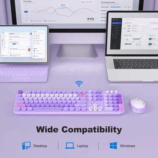 Alt view image 4 of 7 - Wireless Keyboard and Mouse, SQMD Colorful Typewriter Retro Keyboard with Round Keycaps, 2.4GHz USB Full-Size Keyboard and Mouse Set for Mac PC Desktop Laptop (Purple Colorful)