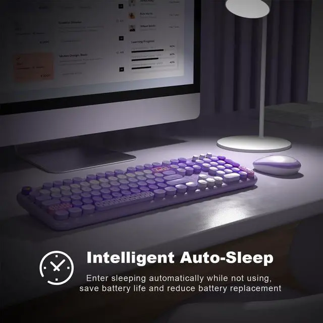 Alt view image 5 of 7 - Wireless Keyboard and Mouse, SQMD Colorful Typewriter Retro Keyboard with Round Keycaps, 2.4GHz USB Full-Size Keyboard and Mouse Set for Mac PC Desktop Laptop (Purple Colorful)