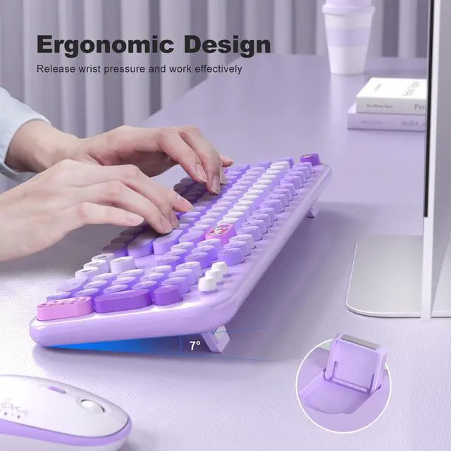 Alt view image 2 of 7 - MOFII Wireless Keyboard and Mouse Combo, Cute Colorful Full Size Keyboard and Adjustable Mouse, 2.4GHz Retro Typewriter Keyboard and Mouse Set for PC/Desktop/Laptop/Windows (Purple Colorful)