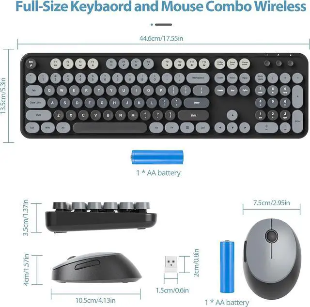 Alt view image 3 of 7 - SbocKeeb Wireless Keyboard and Mouse Set, Retro Typewriter, 2.4GHz Full Size 104-Key Cute Keyboard with Number Pad, Colorful Keyboard with Round Keycaps for Windows PC Laptop(Black Gray)