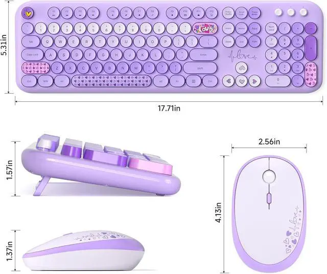Alt view image 7 of 7 - Wireless Keyboard and Mouse, SQMD Colorful Typewriter Retro Keyboard with Round Keycaps, 2.4GHz USB Full-Size Keyboard and Mouse Set for Mac PC Desktop Laptop (Purple Colorful)