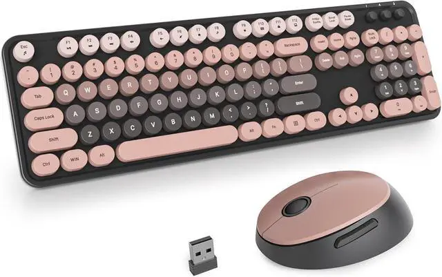 Main image of iRoboosta Black Colorful Wireless Keyboard and Mouse Combo Set, 2.4GHz Cute Typewriter Keyboard with Round Keycaps, Full Size with Number Pad, Home and Office Aesthetic Keyboards (Black Pink)