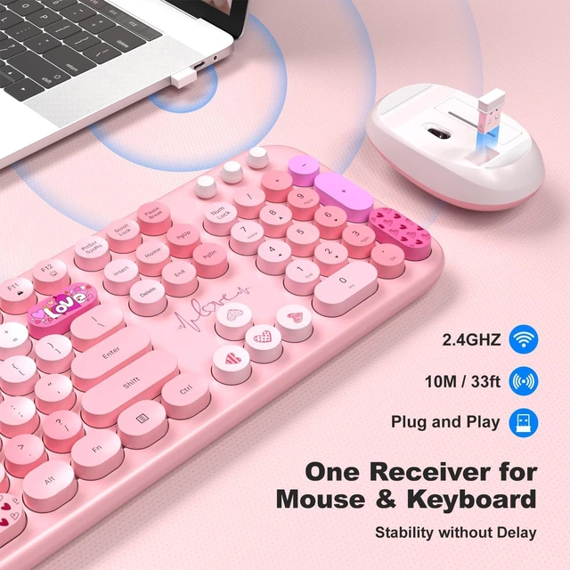 Alt view image 2 of 7 - MOFII Wireless Keyboard and Mouse Combo, Full Size 2.4G Plug and Play Typewriter Retro Round Computer Keyboard and Mouse Set for Windows, Computer, Desktop, PC, Notebook - (Pink Colorful)