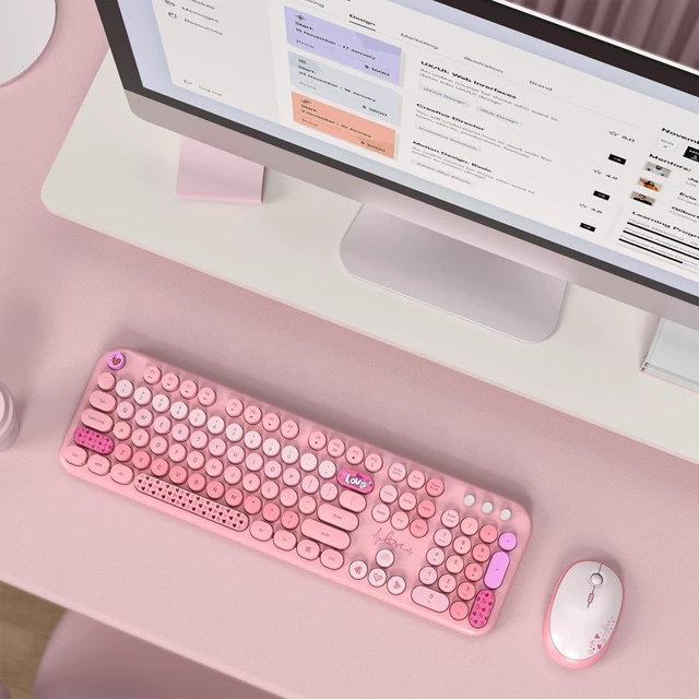 Alt view image 7 of 7 - MOFII Wireless Keyboard and Mouse Combo, Full Size 2.4G Plug and Play Typewriter Retro Round Computer Keyboard and Mouse Set for Windows, Computer, Desktop, PC, Notebook - (Pink Colorful)