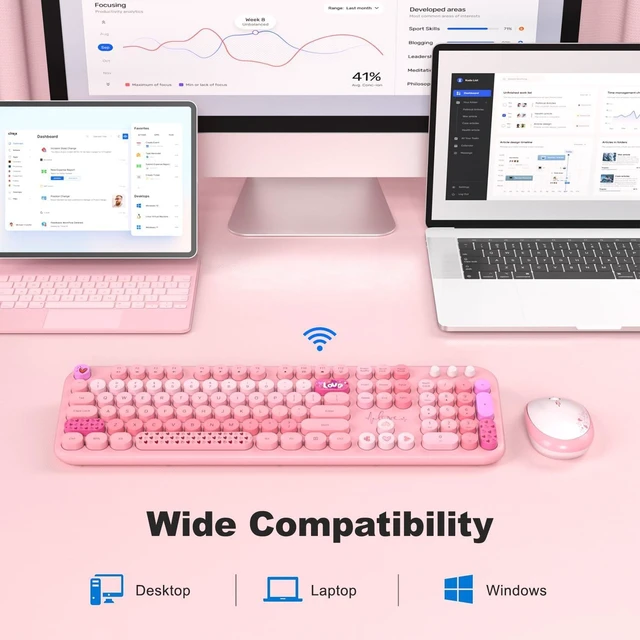 Alt view image 3 of 7 - MOFII Wireless Keyboard and Mouse Combo, Full Size 2.4G Plug and Play Typewriter Retro Round Computer Keyboard and Mouse Set for Windows, Computer, Desktop, PC, Notebook - (Pink Colorful)