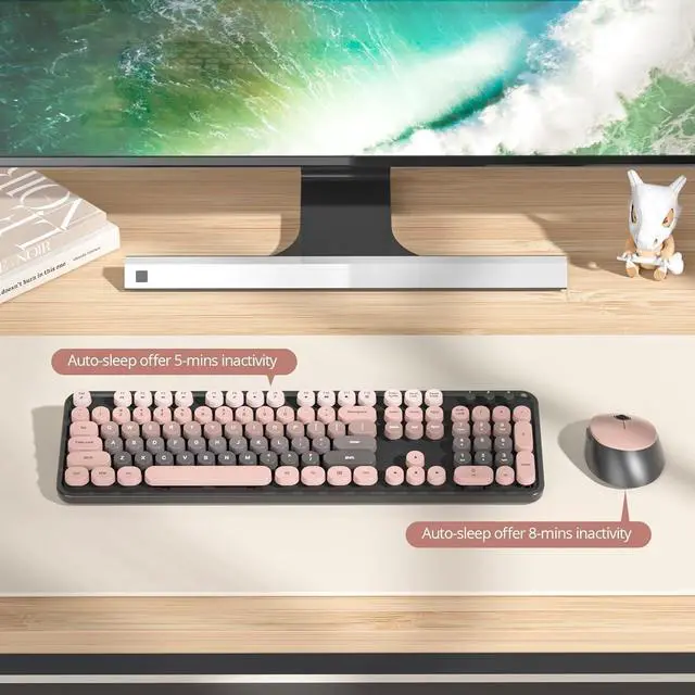 Alt view image 5 of 7 - iRoboosta Black Colorful Wireless Keyboard and Mouse Combo Set, 2.4GHz Cute Typewriter Keyboard with Round Keycaps, Full Size with Number Pad, Home and Office Aesthetic Keyboards (Black Pink)