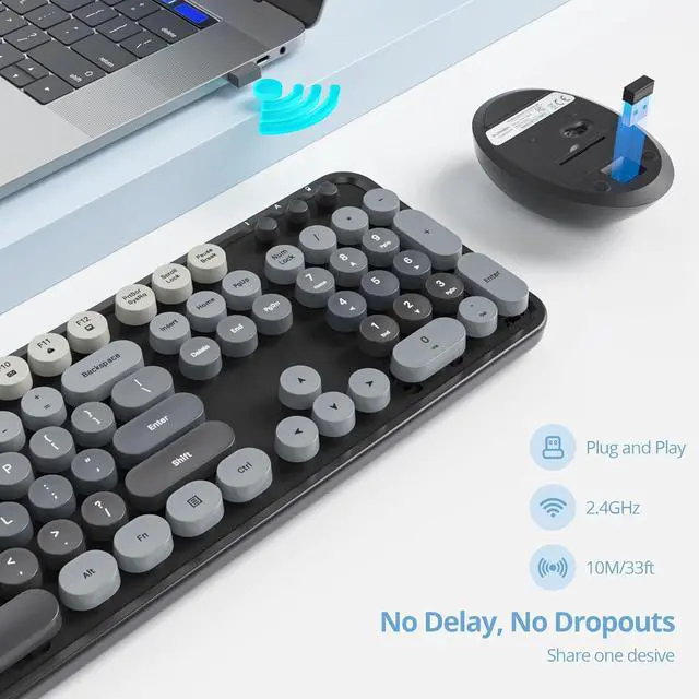 Alt view image 2 of 7 - SbocKeeb Wireless Keyboard and Mouse Set, Retro Typewriter, 2.4GHz Full Size 104-Key Cute Keyboard with Number Pad, Colorful Keyboard with Round Keycaps for Windows PC Laptop(Black Gray)
