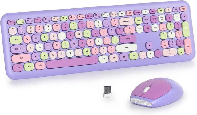 Main image of Purple Colorful Wireless Keyboard and Mouse Combo Set, 2.4GHz Retro Typewriter Aesthetic Keyboard, Full Size Cute Keyboard with Number Pad, Home and Office Silent Keyboards (Purple)