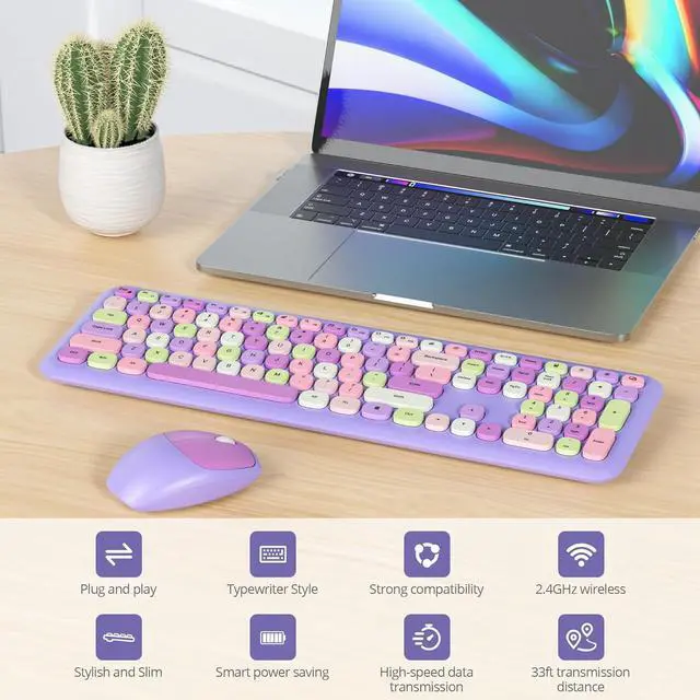 Alt view image 2 of 7 - Purple Colorful Wireless Keyboard and Mouse Combo Set, 2.4GHz Retro Typewriter Aesthetic Keyboard, Full Size Cute Keyboard with Number Pad, Home and Office Silent Keyboards (Purple)