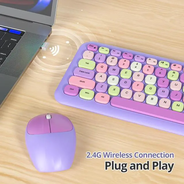 Alt view image 3 of 7 - Purple Colorful Wireless Keyboard and Mouse Combo Set, 2.4GHz Retro Typewriter Aesthetic Keyboard, Full Size Cute Keyboard with Number Pad, Home and Office Silent Keyboards (Purple)