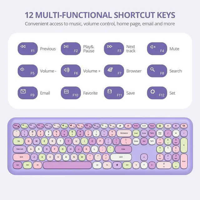 Alt view image 4 of 7 - Purple Colorful Wireless Keyboard and Mouse Combo Set, 2.4GHz Retro Typewriter Aesthetic Keyboard, Full Size Cute Keyboard with Number Pad, Home and Office Silent Keyboards (Purple)