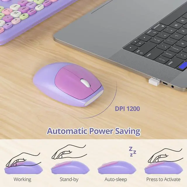 Alt view image 6 of 7 - Purple Colorful Wireless Keyboard and Mouse Combo Set, 2.4GHz Retro Typewriter Aesthetic Keyboard, Full Size Cute Keyboard with Number Pad, Home and Office Silent Keyboards (Purple)