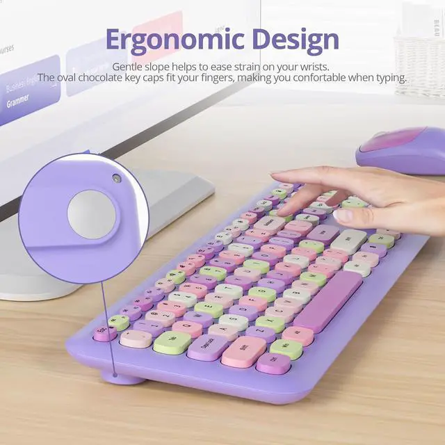 Alt view image 7 of 7 - Purple Colorful Wireless Keyboard and Mouse Combo Set, 2.4GHz Retro Typewriter Aesthetic Keyboard, Full Size Cute Keyboard with Number Pad, Home and Office Silent Keyboards (Purple)