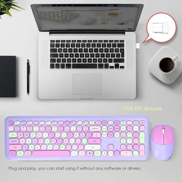 Alt view image 4 of 7 - 2.4G Keyboard Mouse Combo, Retro Round Keycap Cute Aesthetic Keyboard, 110 Keys QWERTY Typewriter Keyboard(Purple Mixed)