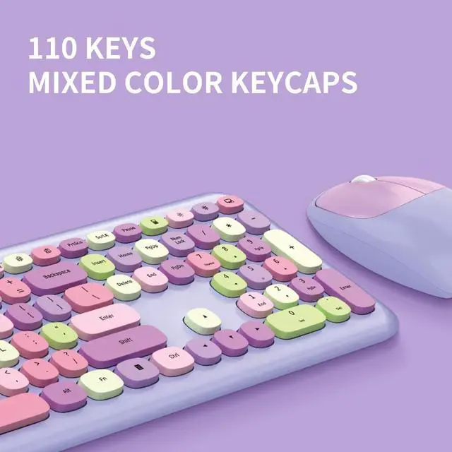 Alt view image 6 of 7 - 2.4G Keyboard Mouse Combo, Retro Round Keycap Cute Aesthetic Keyboard, 110 Keys QWERTY Typewriter Keyboard(Purple Mixed)