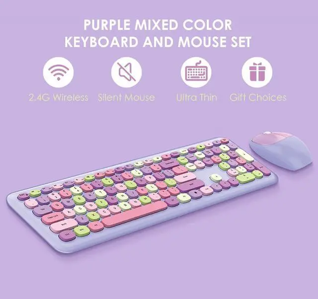 Alt view image 3 of 7 - 2.4G Keyboard Mouse Combo, Retro Round Keycap Cute Aesthetic Keyboard, 110 Keys QWERTY Typewriter Keyboard(Purple Mixed)