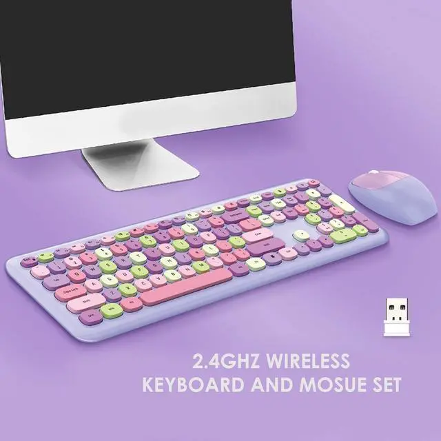 Alt view image 7 of 7 - 2.4G Keyboard Mouse Combo, Retro Round Keycap Cute Aesthetic Keyboard, 110 Keys QWERTY Typewriter Keyboard(Purple Mixed)