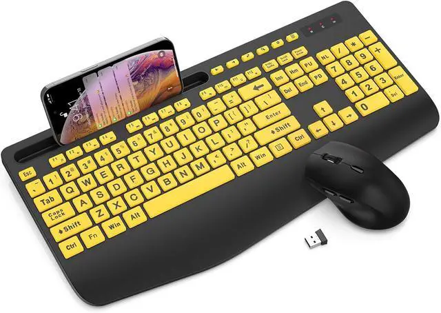 Main image of Wireless Keyboard and Mouse Combo - Full-Sized Ergonomic Keyboard with Wrist Rest, Phone Holder, Sleep Mode, Silent 2.4GHz Cordless Keyboard Mouse for Computer, Laptop, PC, Mac, Windows (Yellow)