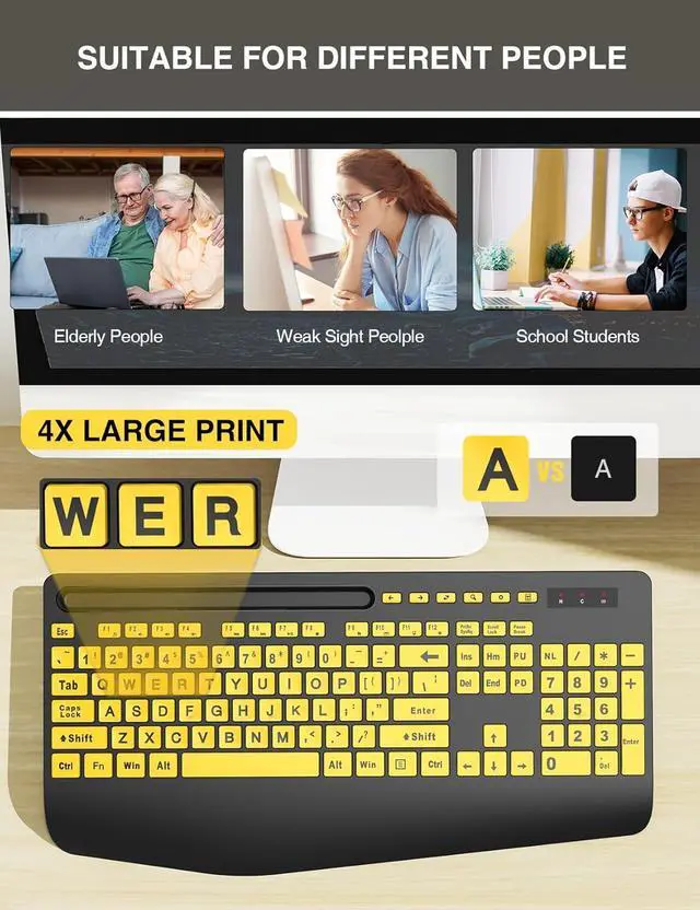 Alt view image 2 of 7 - Wireless Keyboard and Mouse Combo - Full-Sized Ergonomic Keyboard with Wrist Rest, Phone Holder, Sleep Mode, Silent 2.4GHz Cordless Keyboard Mouse for Computer, Laptop, PC, Mac, Windows (Yellow)